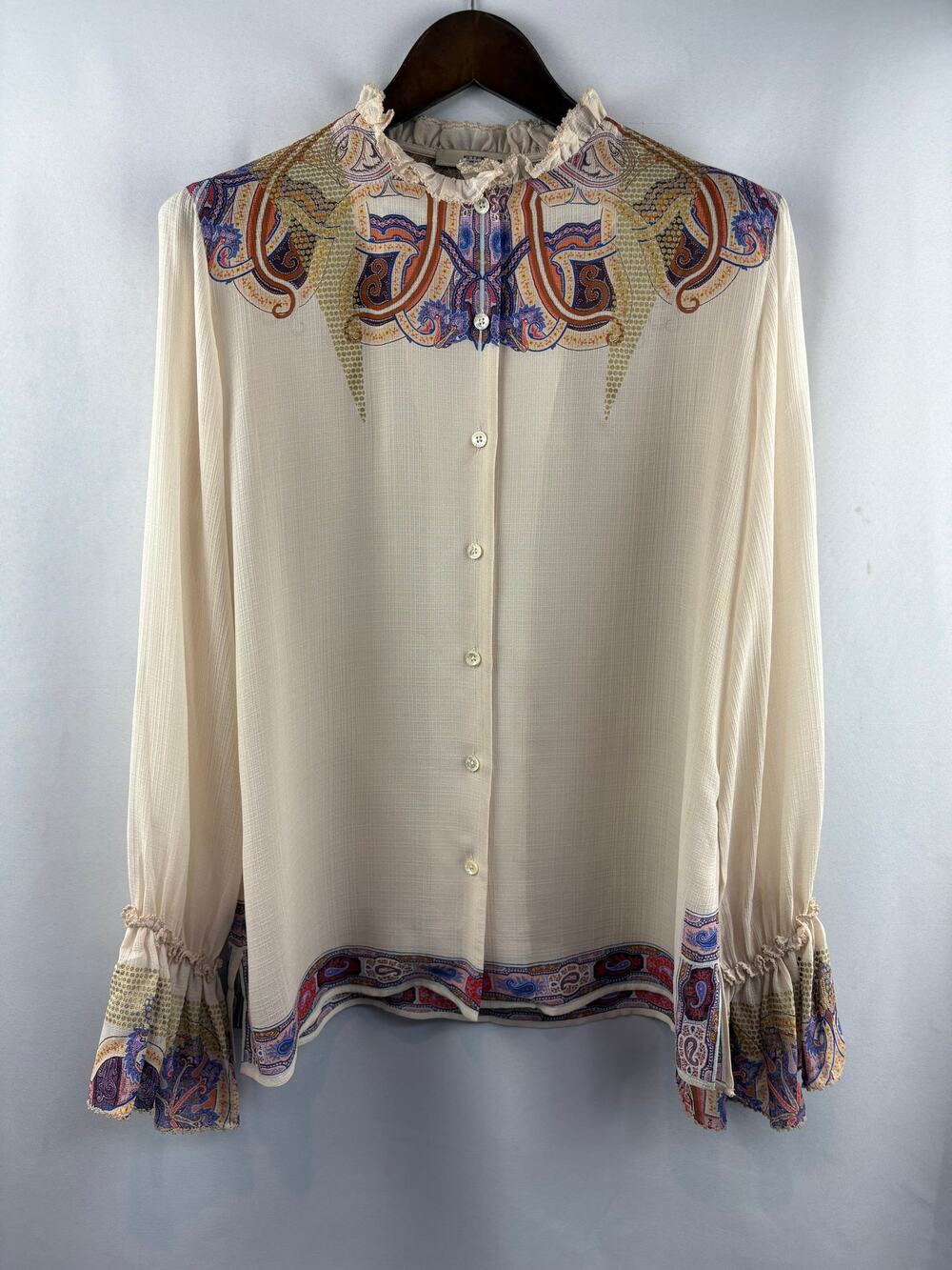 Women’s ETRO Euro 48 Beige Button Up Blouse w/ Paisley Pattern US Size 12